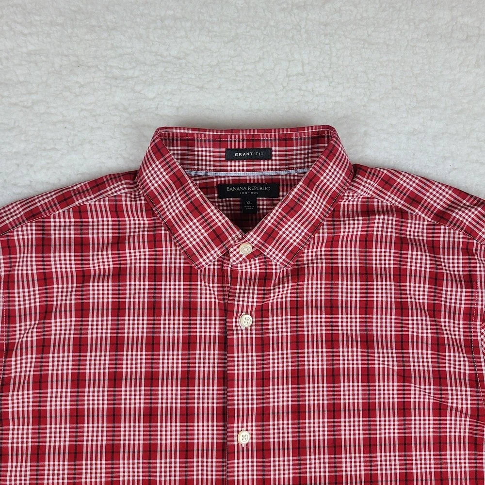 Banana Republic Dress Shirt Mens‎ XL Dark Red Plaid Non Iron Grant Fit Button Up